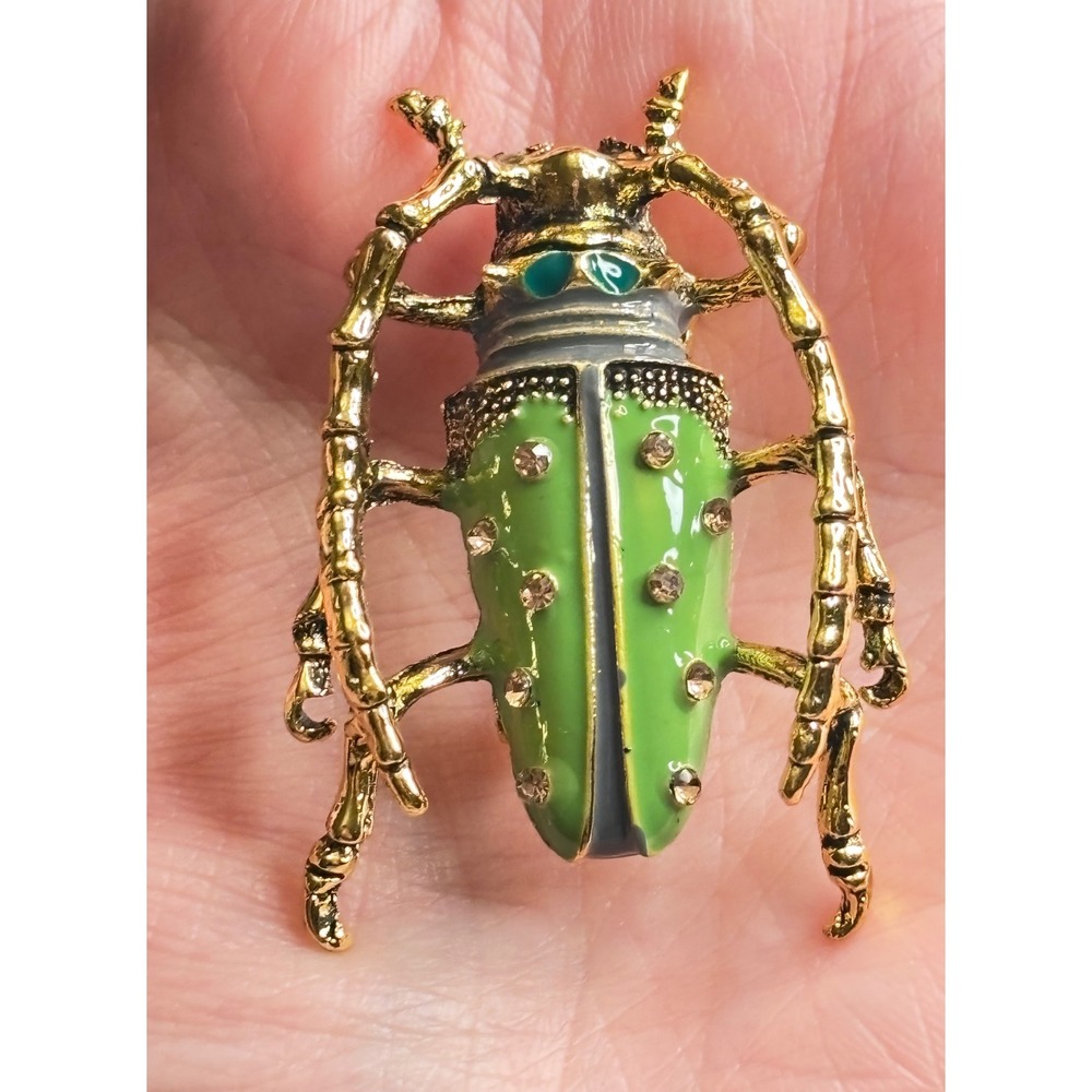 Green Enamel Beetle Brooch Rhinestone Gold Tone Insect Pin